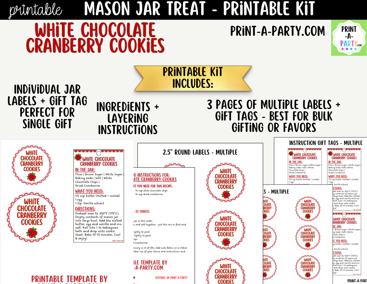 White Chocolate Cranberry Cookies Mason Jar Gift Printable Kit | Labels, Tag, Recipe & Instructions