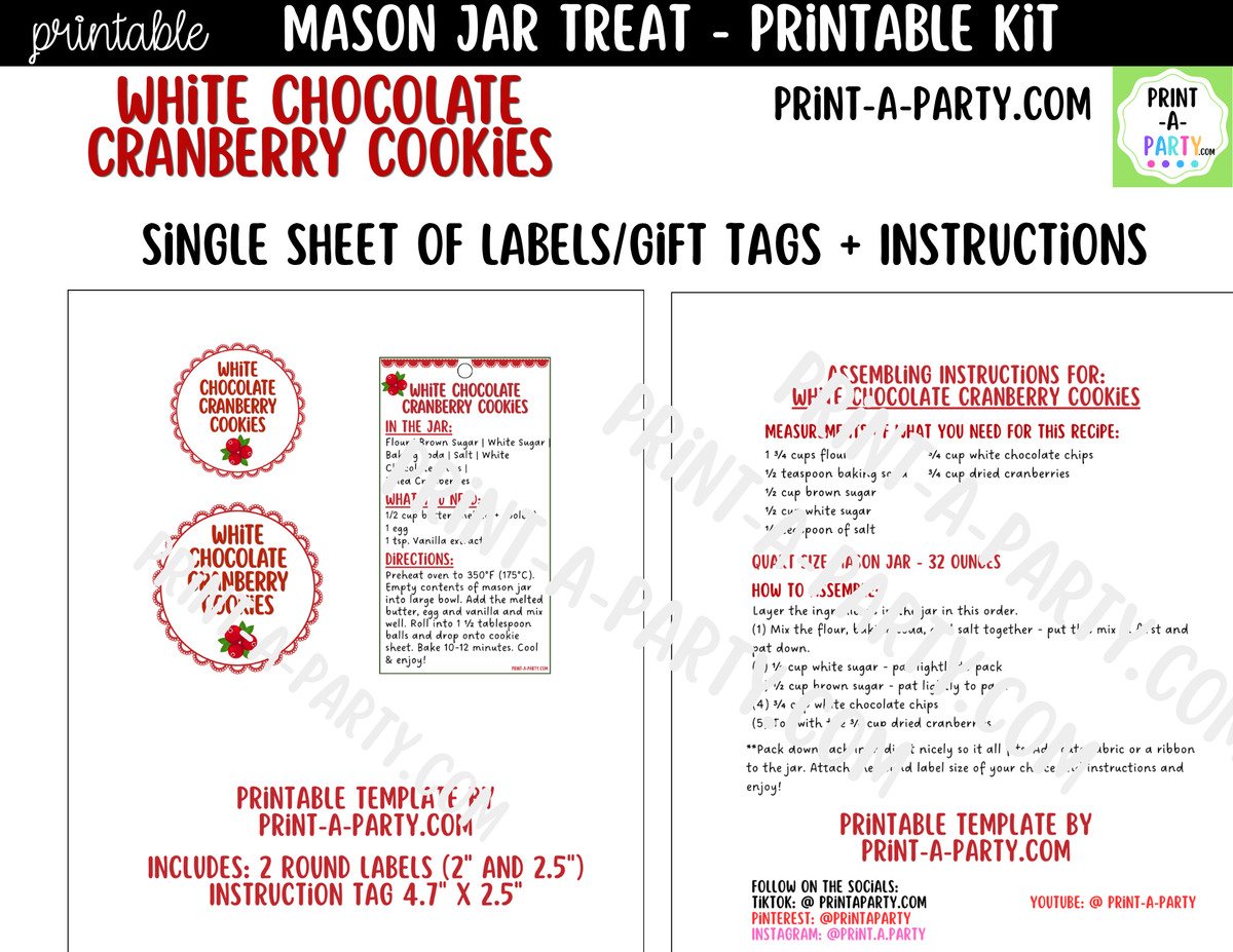 White Chocolate Cranberry Cookies Mason Jar Gift Printable Kit | Labels, Tag, Recipe & Instructions