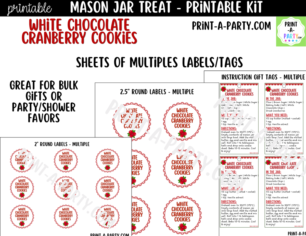 White Chocolate Cranberry Cookies Mason Jar Gift Printable Kit | Labels, Tag, Recipe & Instructions
