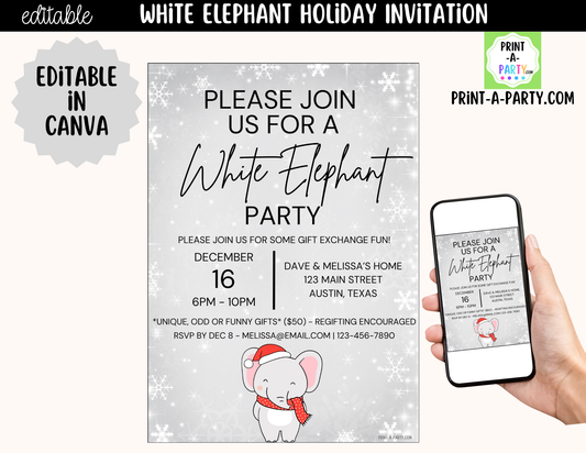 White Elephant Party Invitation | Editable Canva Christmas Gift Exchange Invite