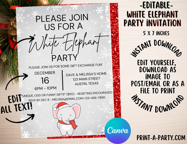 CHRISTMAS EDITABLE INVITATION: WHITE ELEPHANT PARTY - EDITABLE PRINTABLE | White Elephant Gift Exchange Party | Holiday Gift Exchange | Grab Bag Party