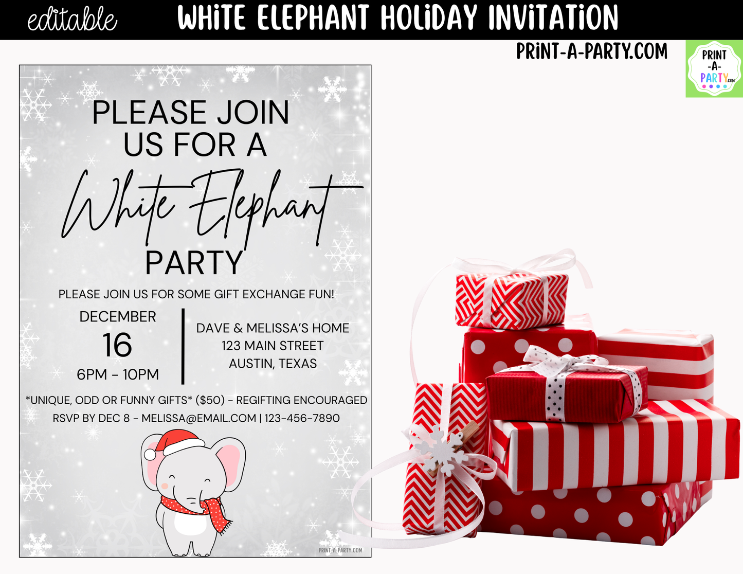 White Elephant Party Invitation | Editable Canva Christmas Gift Exchange Invite