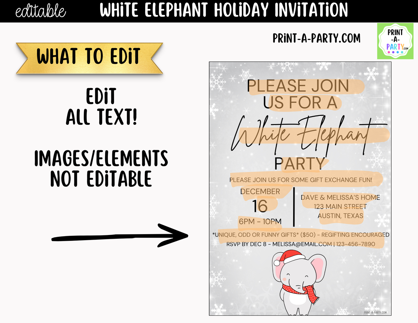 White Elephant Party Invitation | Editable Canva Christmas Gift Exchange Invite