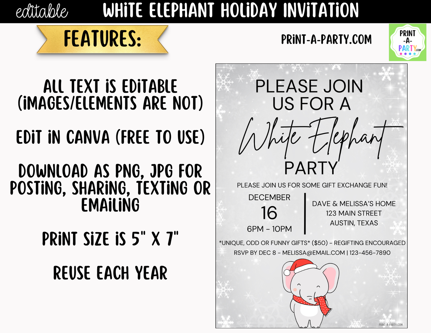 White Elephant Party Invitation | Editable Canva Christmas Gift Exchange Invite