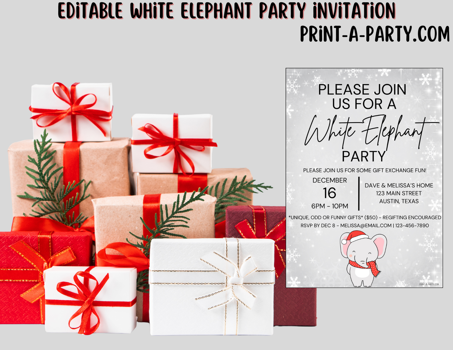 WHITE ELEPHANT PARTY Christmas Party Invitation - Editable Holiday Invitation Template for Easy Sharing Posting or Printing
