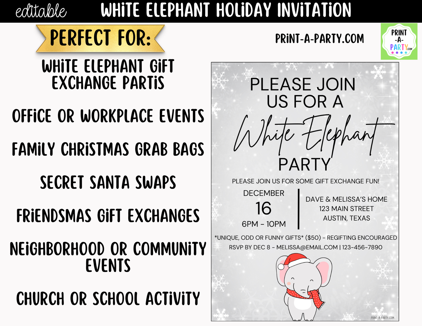 White Elephant Party Invitation | Editable Canva Christmas Gift Exchange Invite