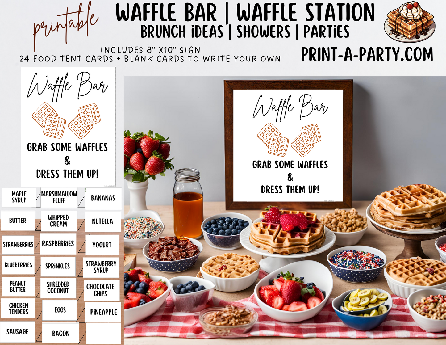 WAFFLE BAR | WAFFLE STATION Setup - White | Waffle Bar Sign | Food Station for Party | Food Bar for Party | Brunch Idea | Wedding Shower | Baby Shower | Sleepover | DIY Waffle Bar