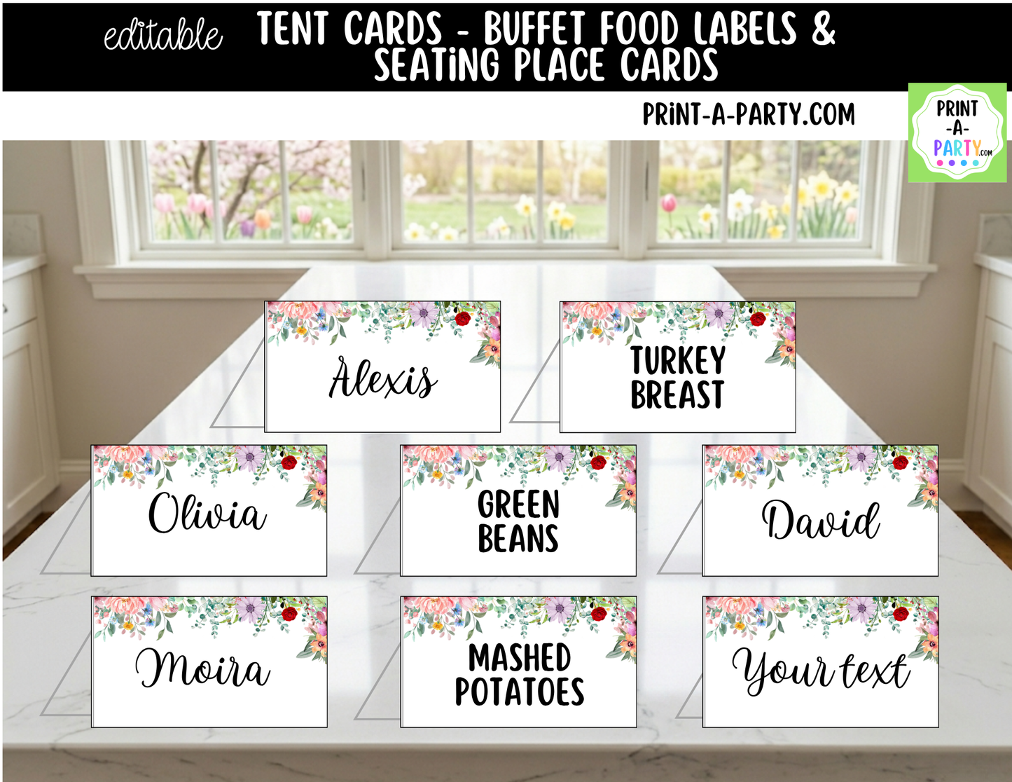 Editable Wildflower Floral Buffet Labels and Place Cards for Elegant Events and Celebrations