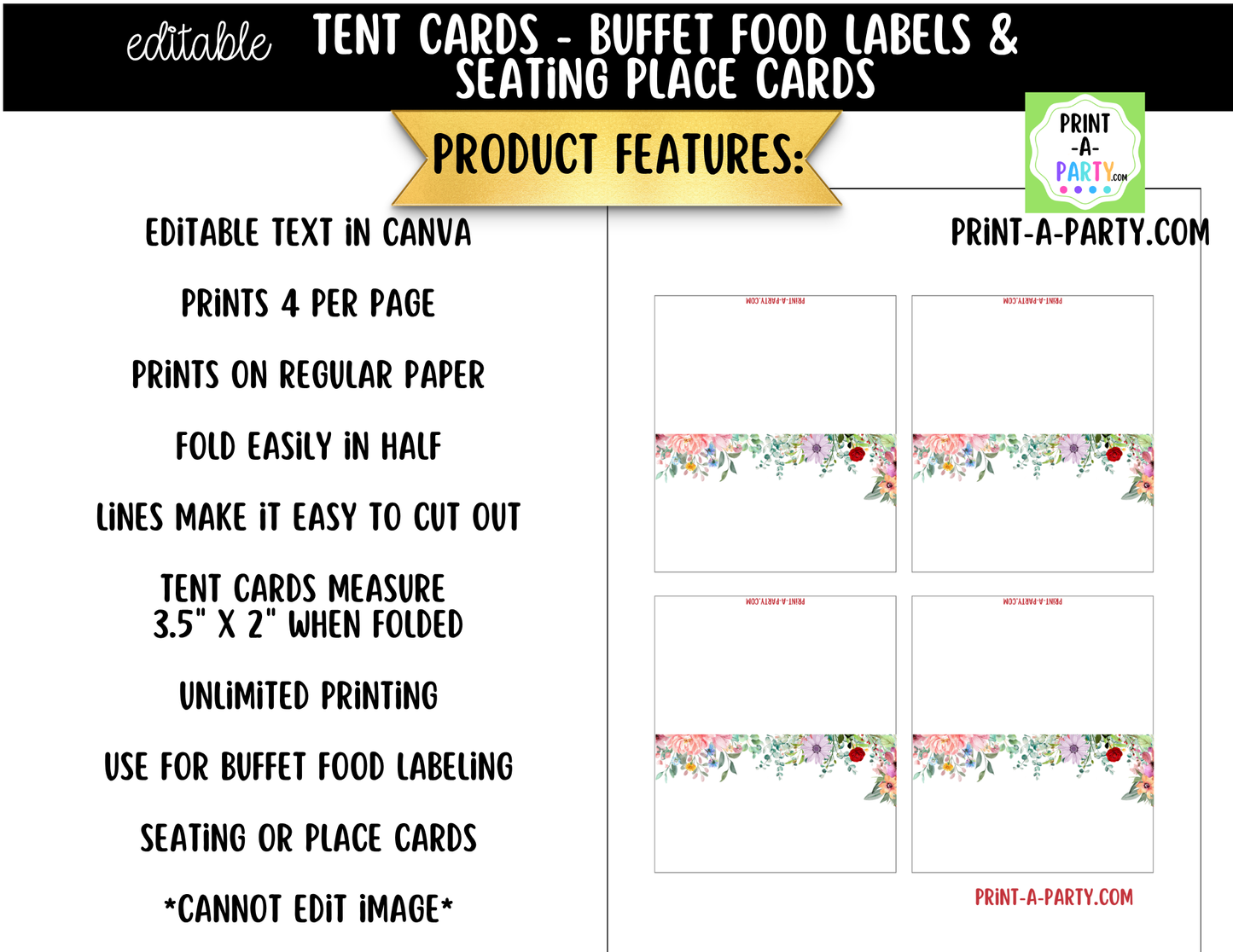 Editable Wildflower Floral Buffet Labels and Place Cards for Elegant Events and Celebrations