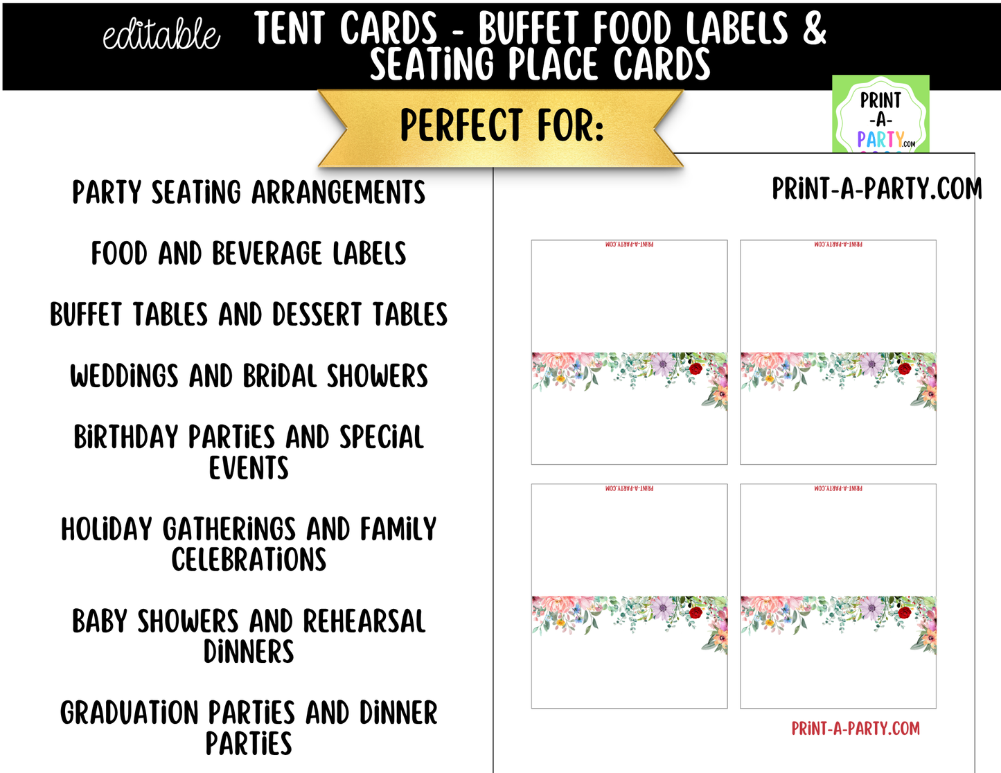Editable Wildflower Floral Buffet Labels and Place Cards for Elegant Events and Celebrations