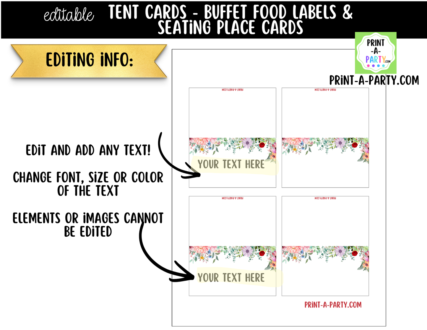 Editable Wildflower Floral Buffet Labels and Place Cards for Elegant Events and Celebrations