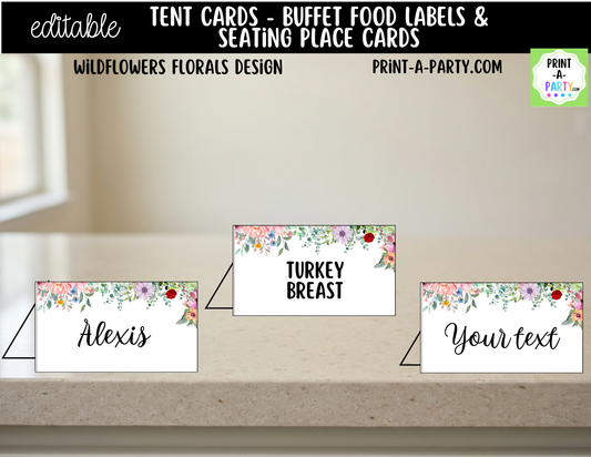 Editable Wildflower Floral Buffet Labels and Place Cards for Elegant Events and Celebrations