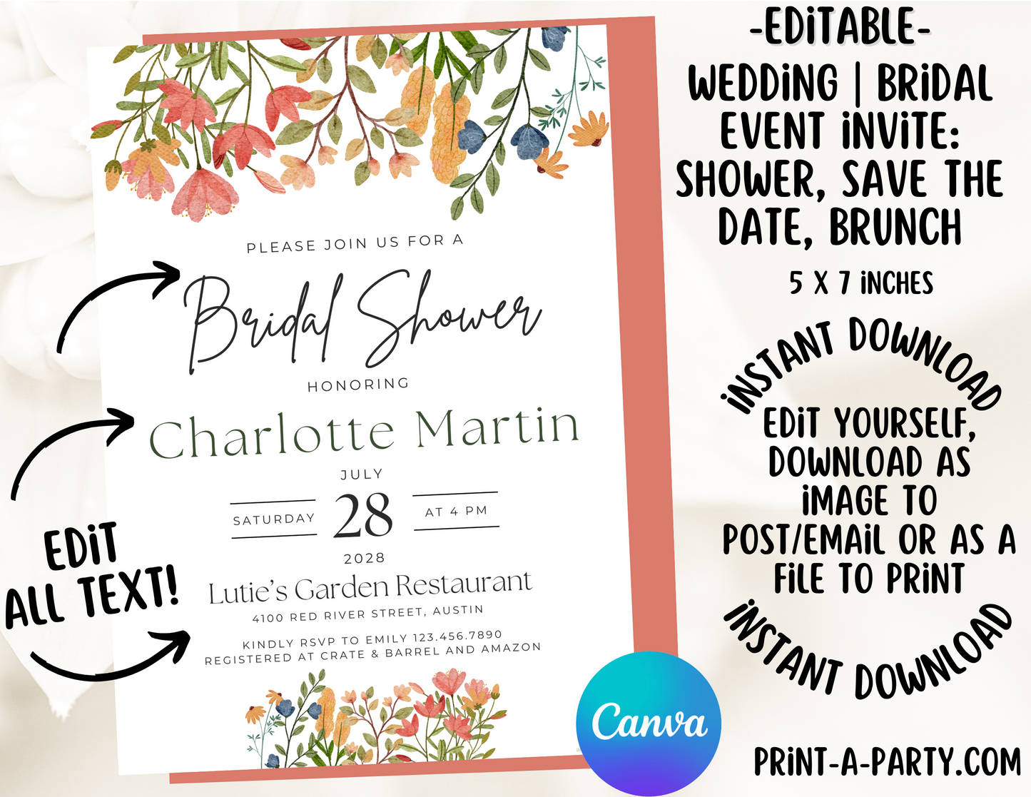 BRIDAL OR WEDDING EVENT - EDITABLE INVITATION: BRIDAL SHOWER, BRUNCH, SAVE THE DATE INVITATION - EDITABLE PRINTABLE | Wedding Shower| Save the Date | Bridal Brunch | Wildflowers