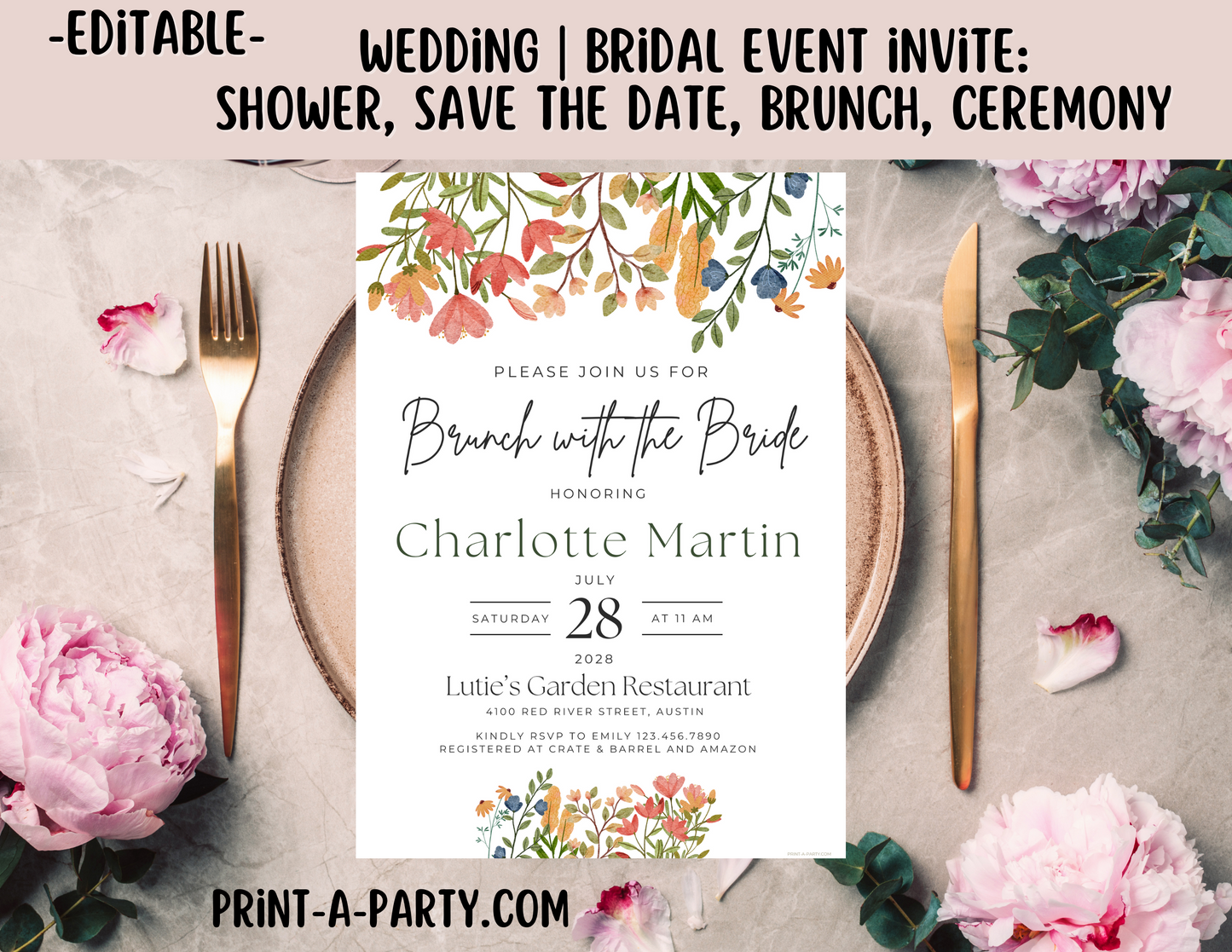 BRIDAL OR WEDDING EVENT - EDITABLE INVITATION: BRIDAL SHOWER, BRUNCH, SAVE THE DATE INVITATION - EDITABLE PRINTABLE | Wedding Shower| Save the Date | Bridal Brunch | Wildflowers