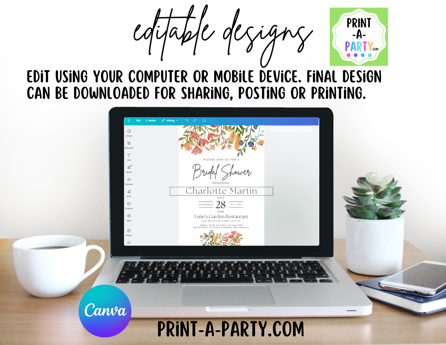 EDITABLE WEDDING EVENT INVITATION: Bridal Shower, Brunch, Save The Date, Editable Invite for posting or printing | Wildflowers