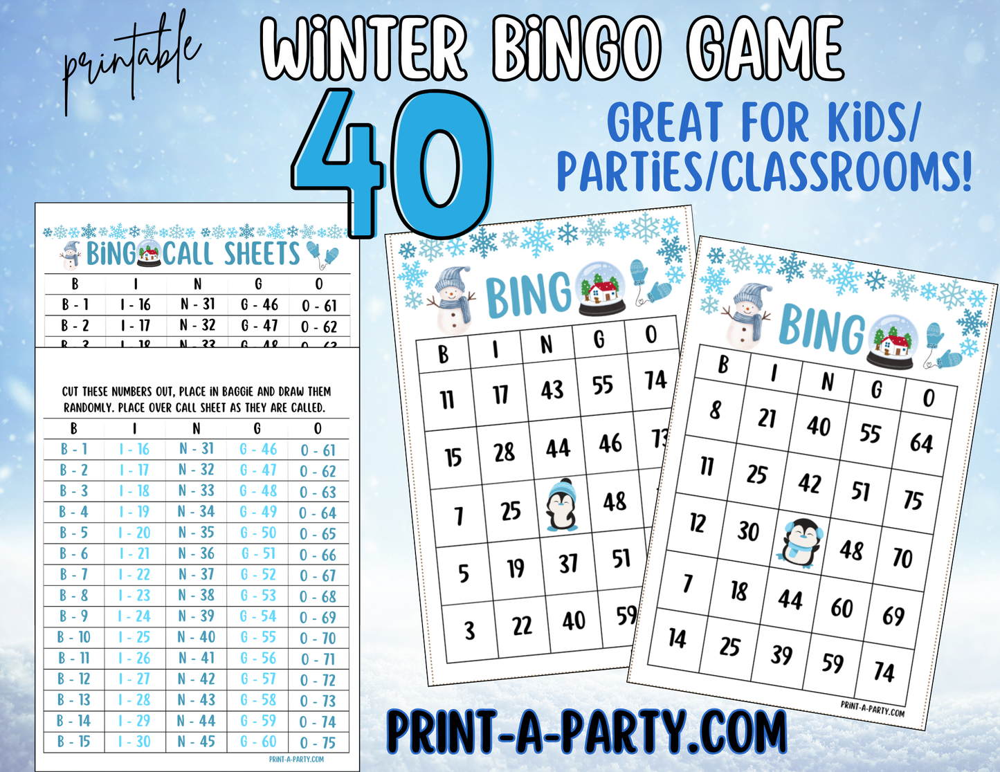 BINGO: Winter Theme | 30, 40, or 50 cards | Winter Bingo Game | Winter Party Idea | Winter Classroom Activity