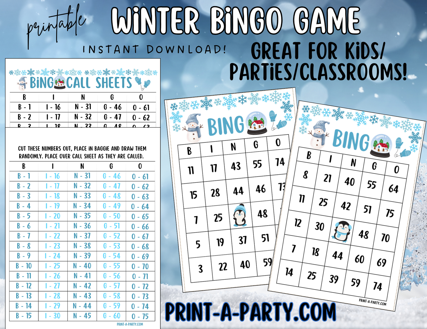 BINGO: Winter Theme | 30, 40, or 50 cards | Winter Bingo Game | Winter Party Idea | Winter Classroom Activity