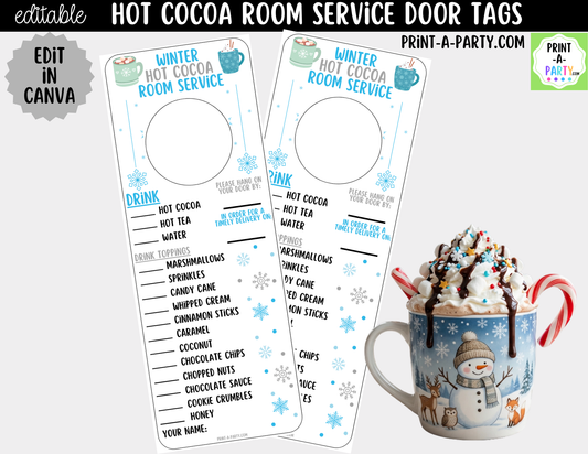 Editable Winter Hot Cocoa Room Service Door Tags - Printable Appreciation Gift for Teachers and Staff