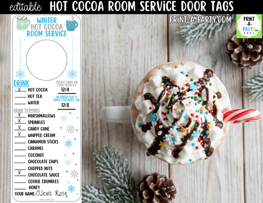 Editable Winter Hot Cocoa Room Service Door Tags - Printable Appreciation Gift for Teachers and Staff