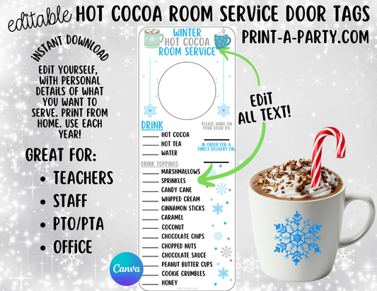 Holiday Appreciation HOT CHOCOLATE ROOM SERVICE TAGS - Editable Printable for Christmas and Winter Appreciation Gifts