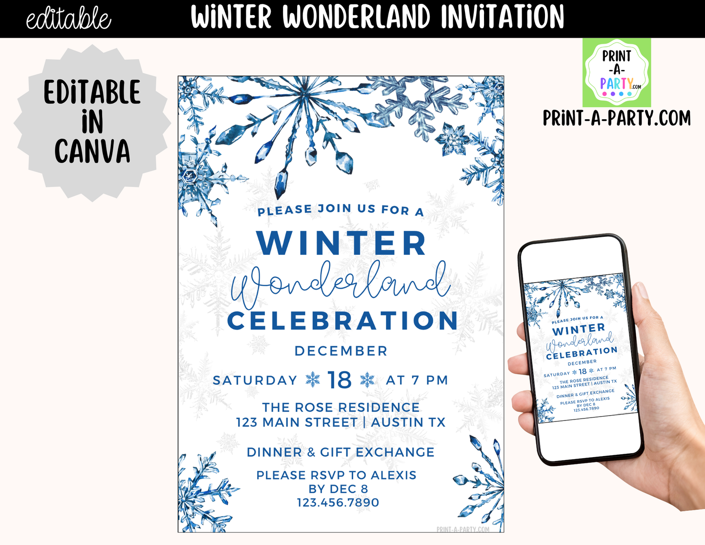 Winter Wonderland Party Invitation | Editable Canva Holiday & Winter Birthday Invite