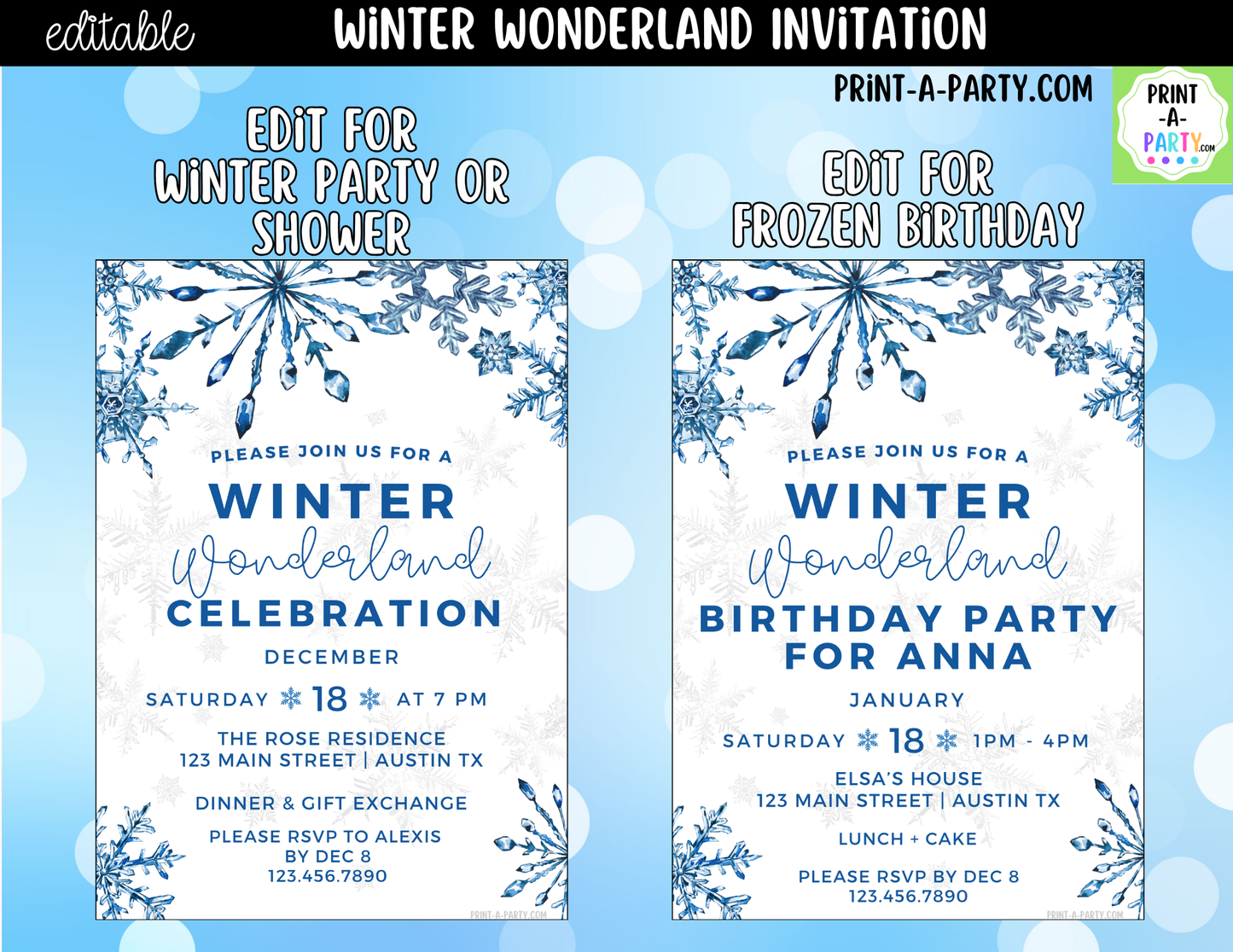 Winter Wonderland Party Invitation | Editable Canva Holiday & Winter Birthday Invite