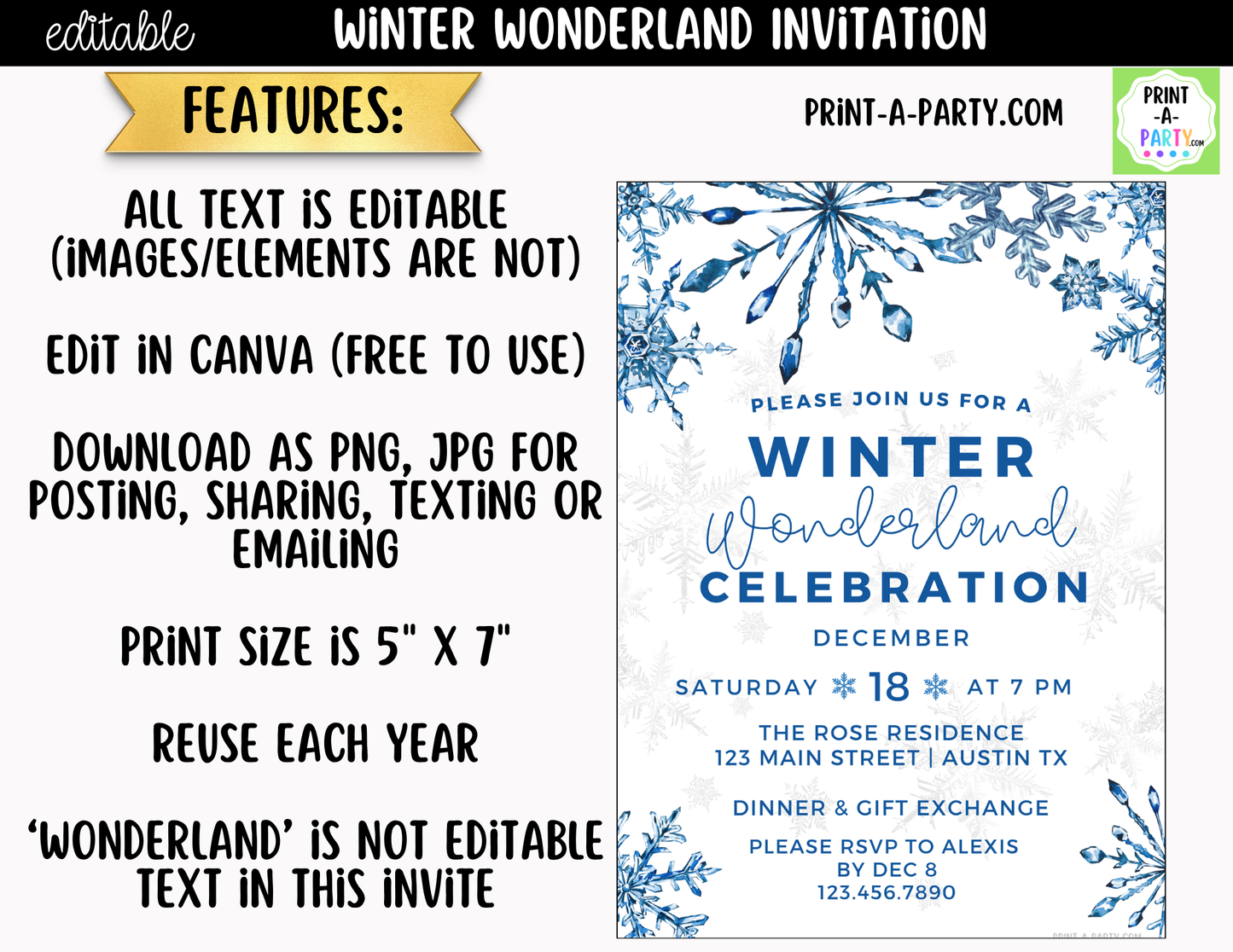 Winter Wonderland Party Invitation | Editable Canva Holiday & Winter Birthday Invite