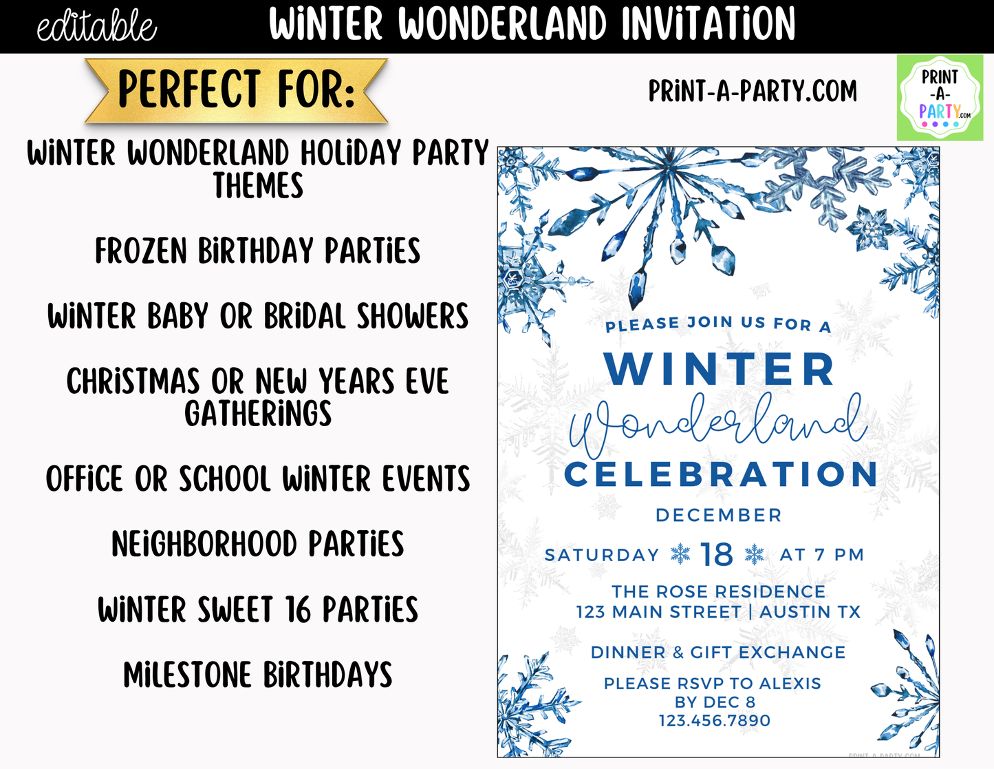 Winter Wonderland Party Invitation | Editable Canva Holiday & Winter Birthday Invite