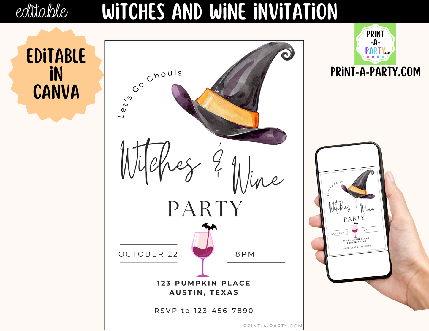 Editable Halloween Girls Night Invitation | Witches & Wine Canva Template