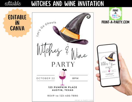 Editable Halloween Girls Night Invitation | Witches & Wine Canva Template