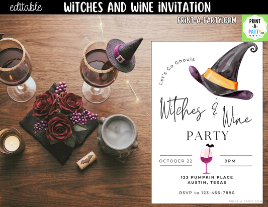 Editable Halloween Girls Night Invitation | Witches & Wine Canva Template