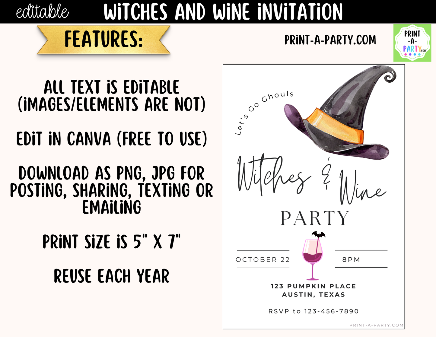 Editable Halloween Girls Night Invitation | Witches & Wine Canva Template