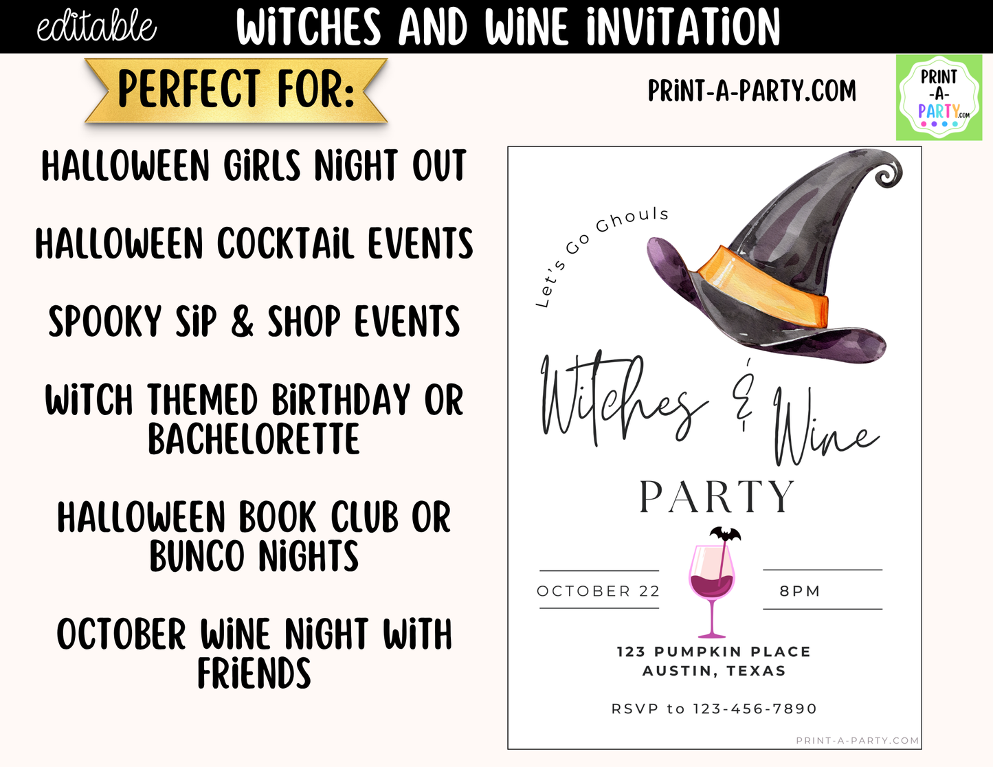 Editable Halloween Girls Night Invitation | Witches & Wine Canva Template