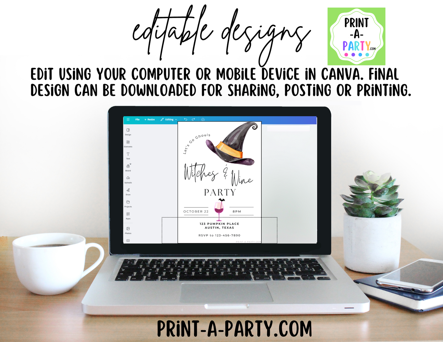 Editable Halloween Girls Night Invitation | Witches & Wine Canva Template