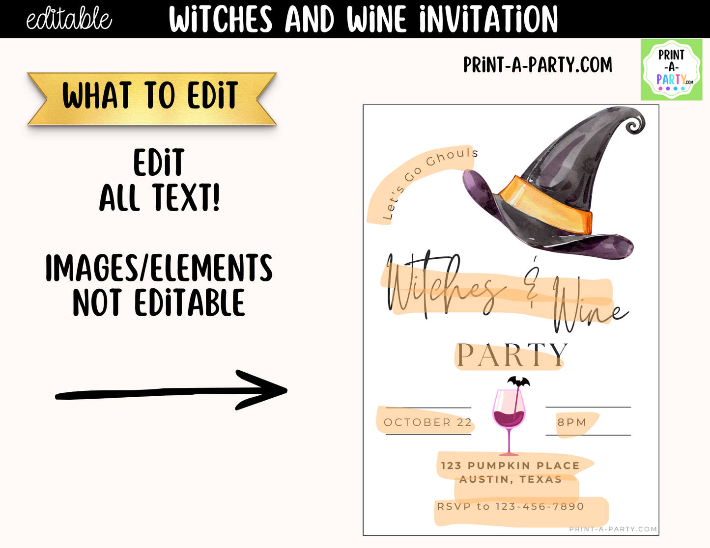 Editable Halloween Girls Night Invitation | Witches & Wine Canva Template