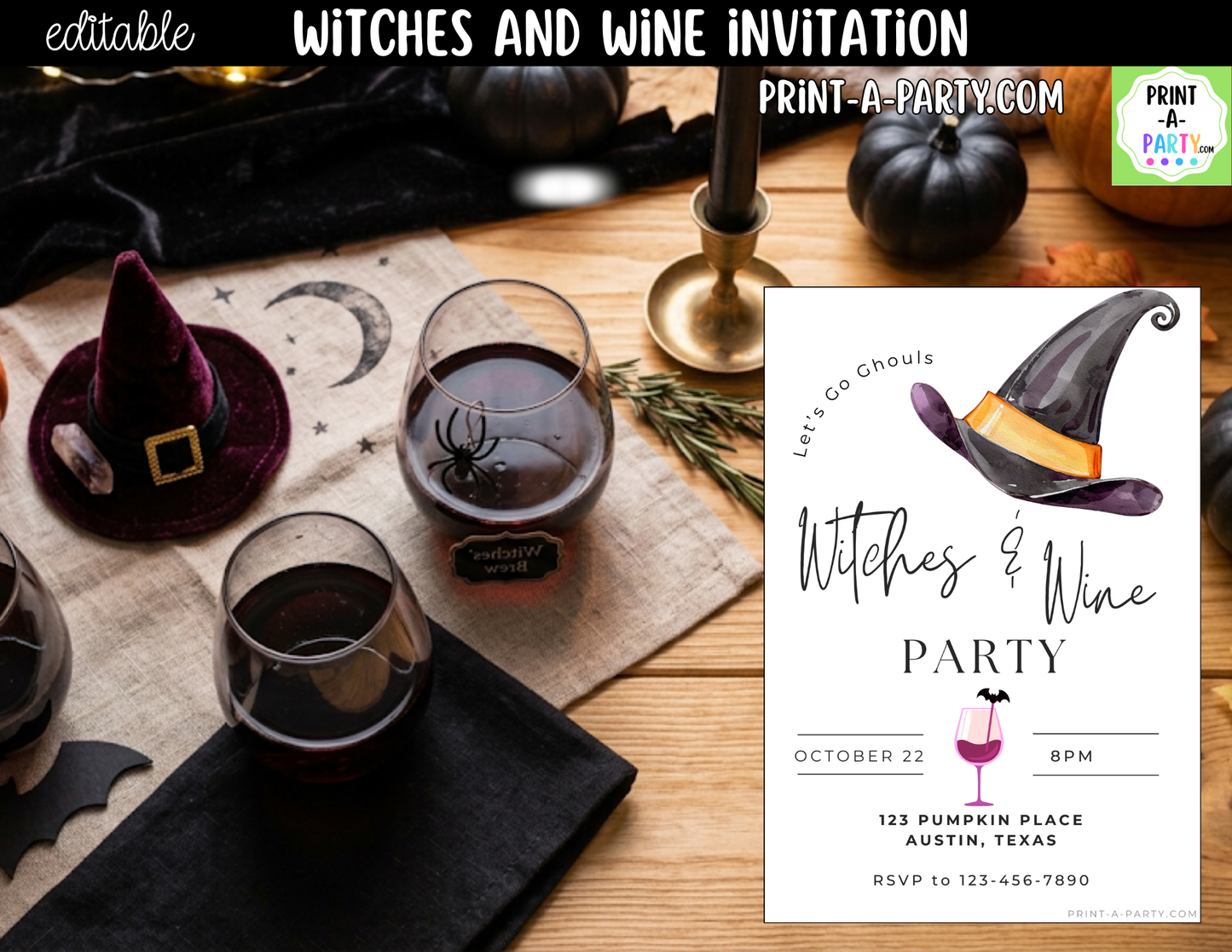 Editable Halloween Girls Night Invitation | Witches & Wine Canva Template