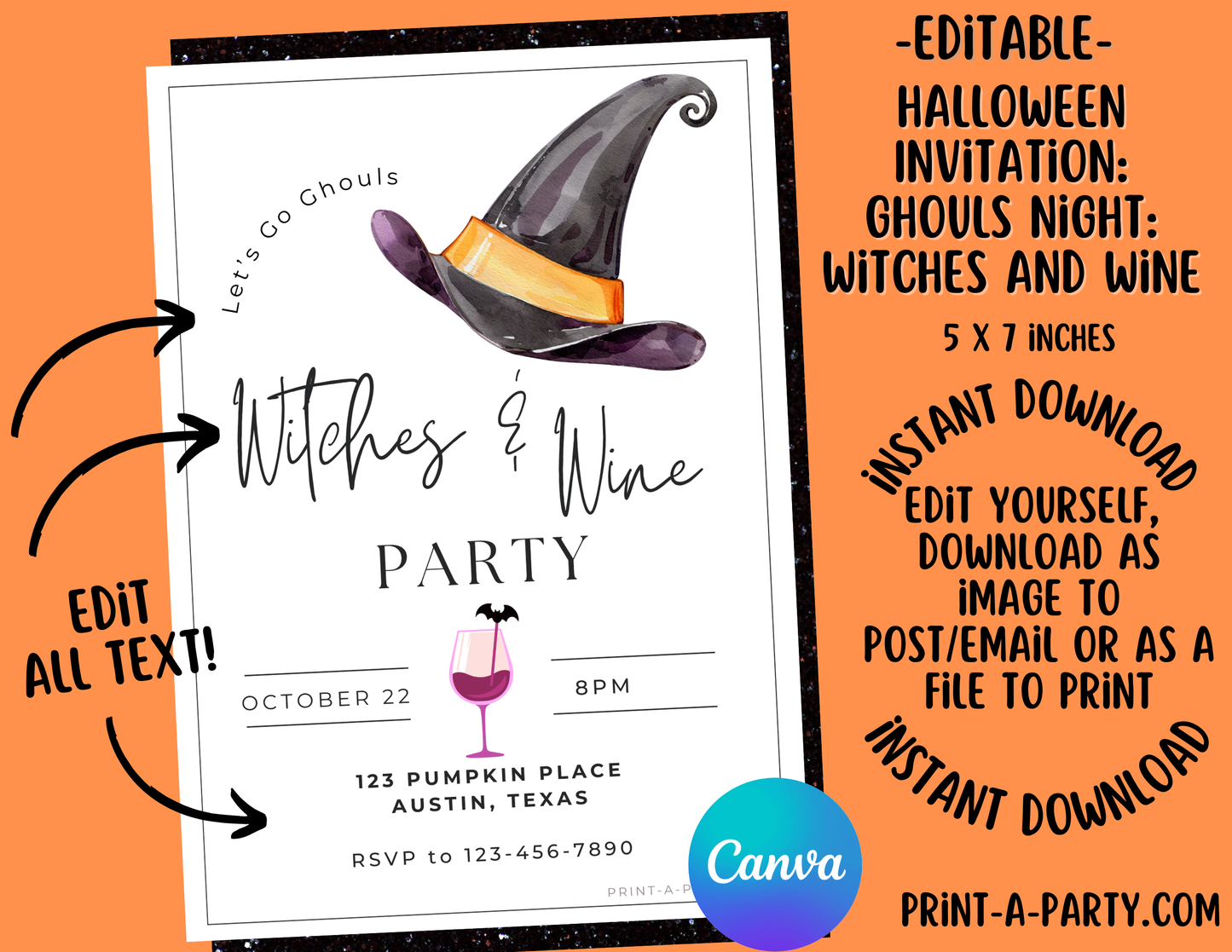 HALLOWEEN EDITABLE INVITATION: WITCHES AND WINE PARTY INVITATION - EDITABLE PRINTABLE | Halloween Party Invite | Halloween Wine Party Invite | Wine Invite | Ghouls Night Out Party