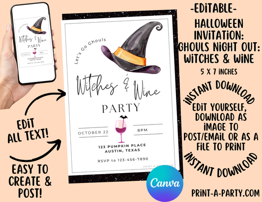 HALLOWEEN EDITABLE INVITATION: WITCHES AND WINE PARTY INVITATION - EDITABLE PRINTABLE | Halloween Party Invite | Halloween Wine Party Invite | Wine Invite | Ghouls Night Out Party