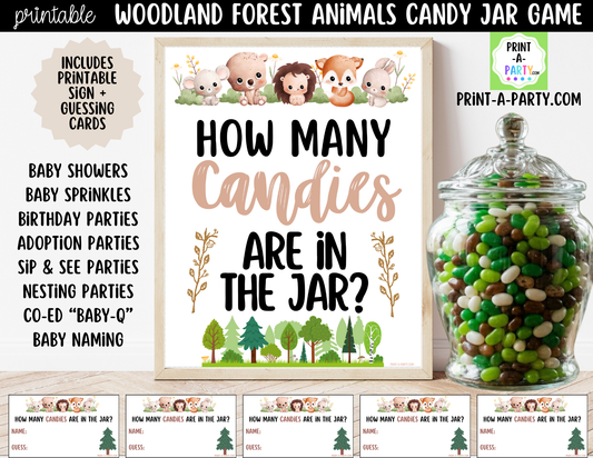 Woodland Forest Animals Candy Jar Game Printable Sign (8x10) + Guessing Cards - For Baby Showers and events