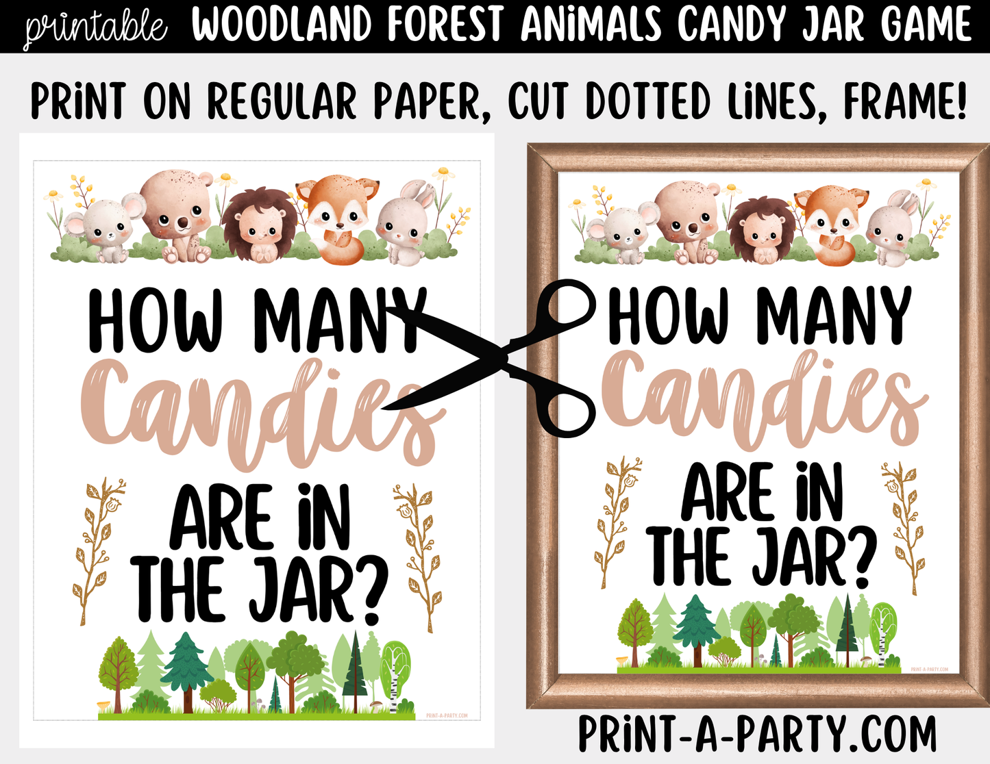 Woodland Forest Animals Candy Jar Game Printable Sign (8x10) + Guessing Cards - For Baby Showers and events