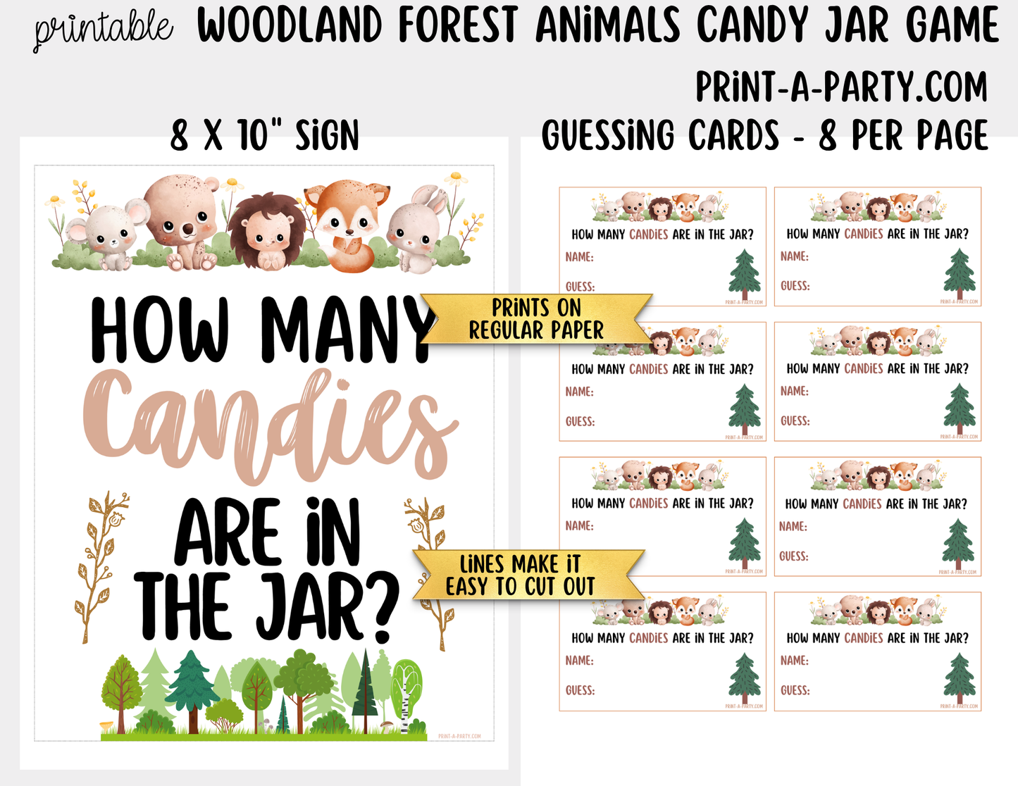 Woodland Forest Animals Candy Jar Game Printable Sign (8x10) + Guessing Cards - For Baby Showers and events