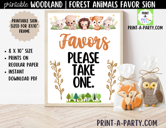 Woodland Forest Animals Favors Printable Sign (8x10) – For Parties, Showers and Events