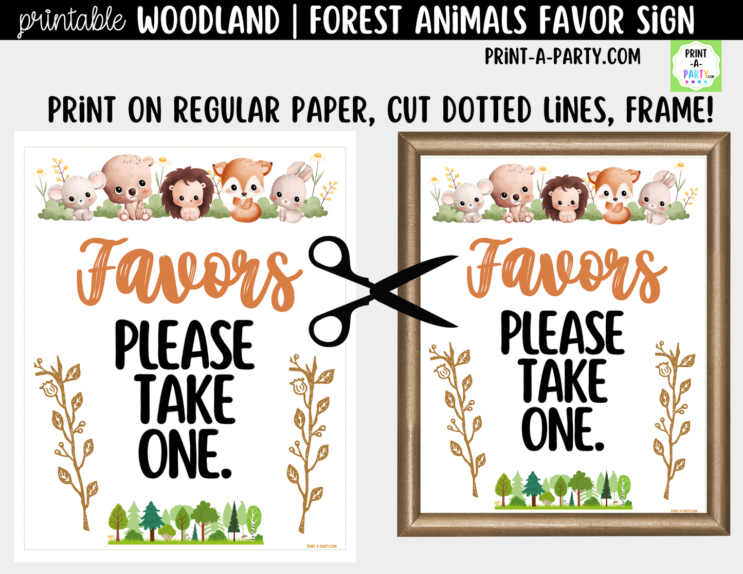 Woodland Forest Animals Favors Printable Sign (8x10) – For Parties, Showers and Events