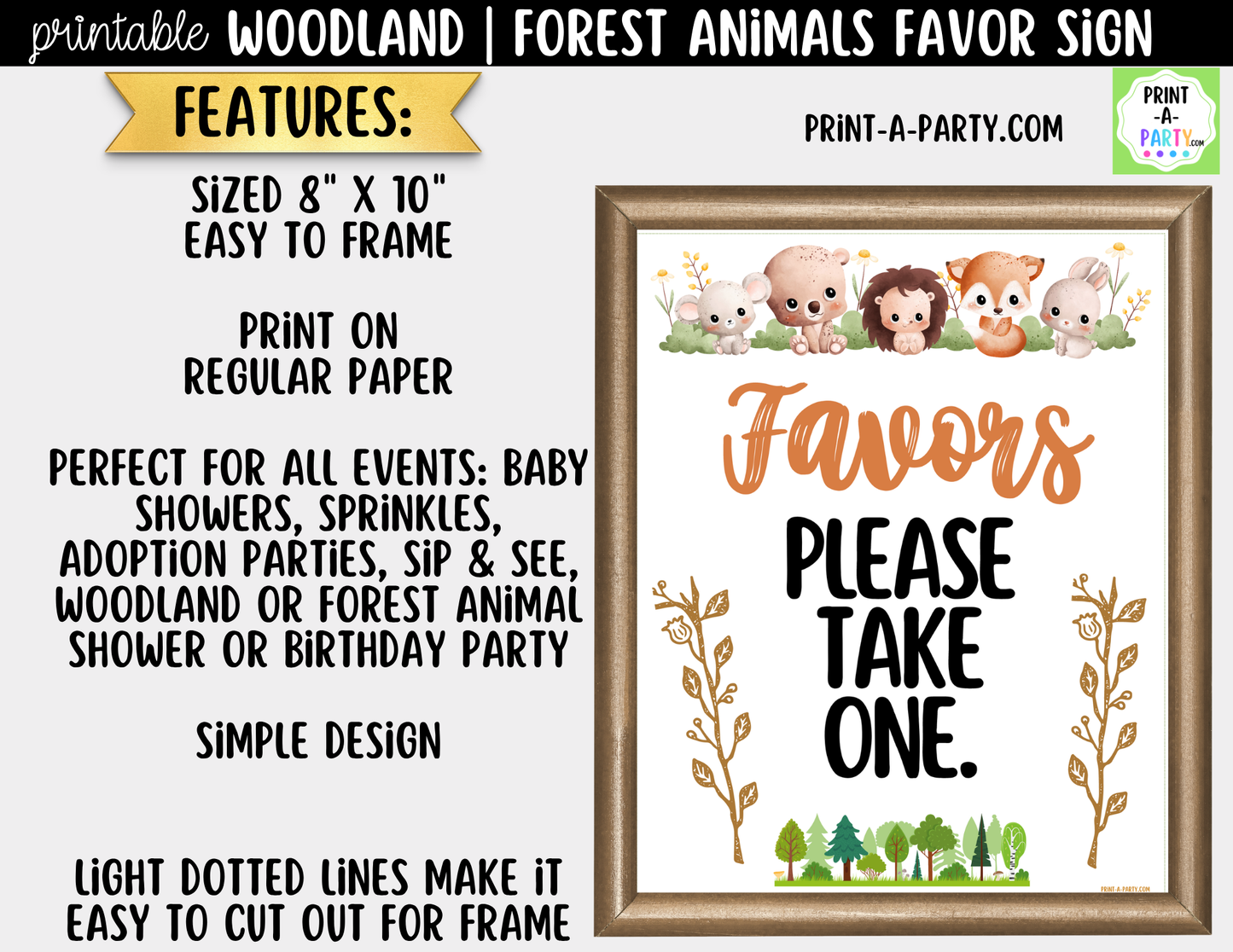 Woodland Forest Animals Favors Printable Sign (8x10) – For Parties, Showers and Events
