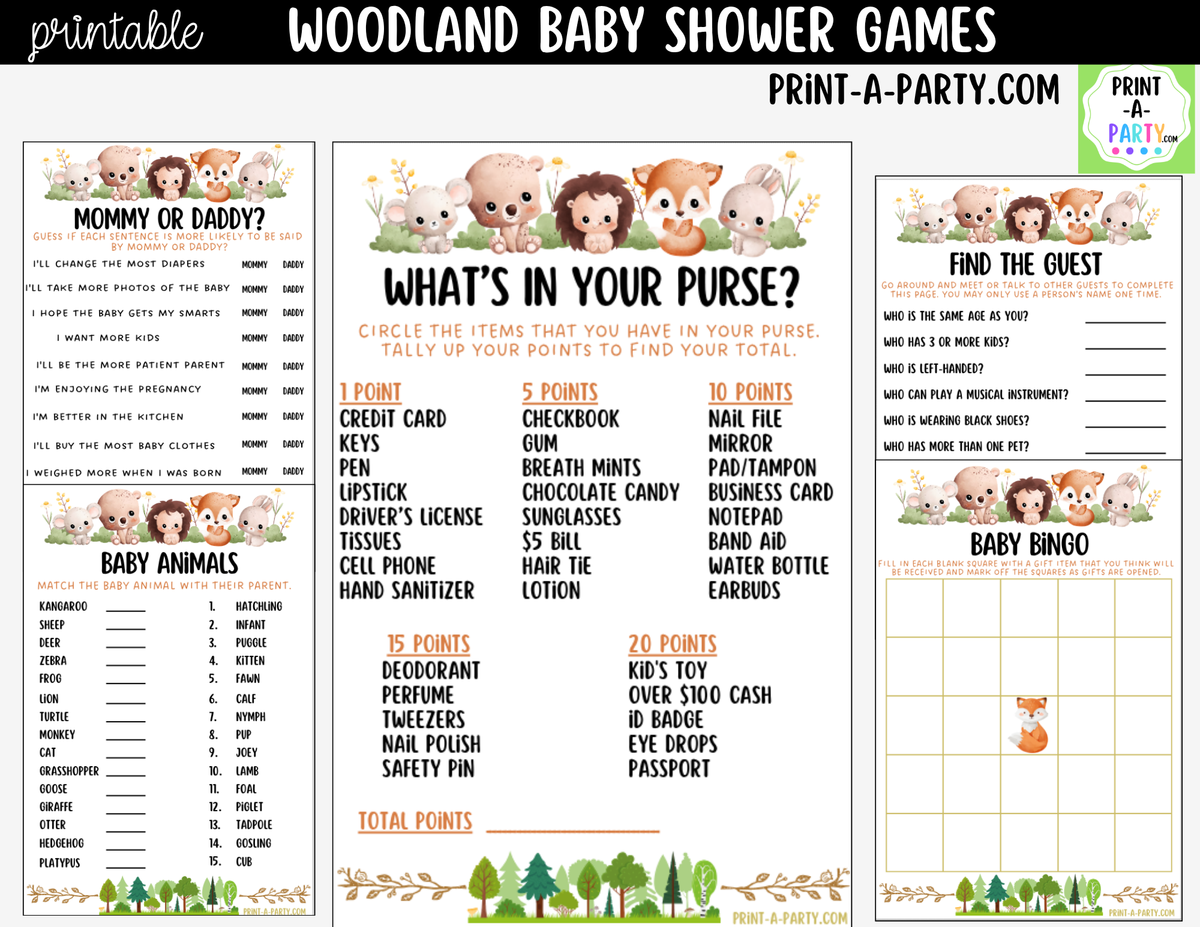 Woodland Baby Shower Games Printable | Forest Animals Bundle