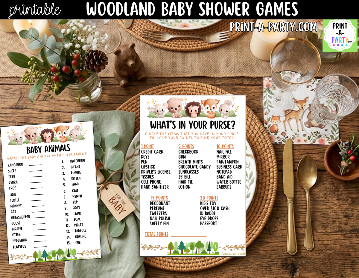 Woodland Baby Shower Games Printable | Forest Animals Bundle