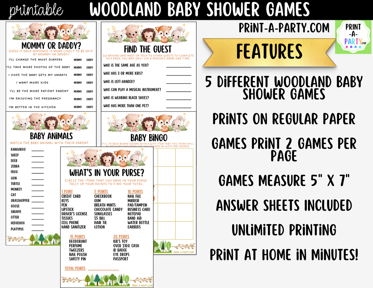 Woodland Baby Shower Games Printable | Forest Animals Bundle