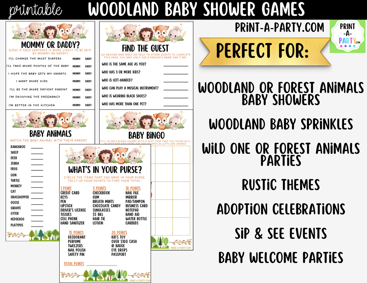 Woodland Baby Shower Games Printable | Forest Animals Bundle
