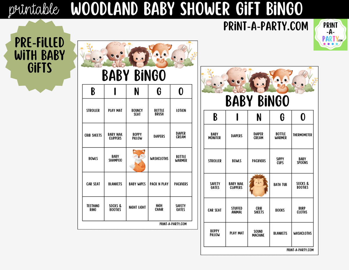 Woodland Baby Shower Gift Bingo Printable Pre-Filled