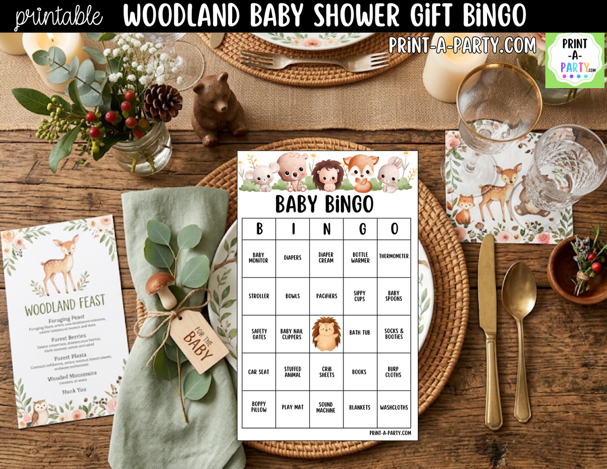 Woodland Baby Shower Gift Bingo Printable Pre-Filled